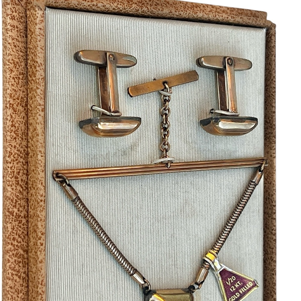 Bigney Tie Bar W/ Chain & Cufflinks gold filled 1/20 12KT VTG NRFB MCM Orig Box - Picture 7 of 12